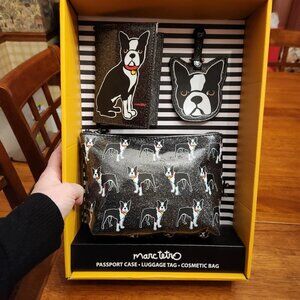 Marc Tetro Boston Terrier Cosmetic Luggage Tag Passport Wallet Travel Set NWT